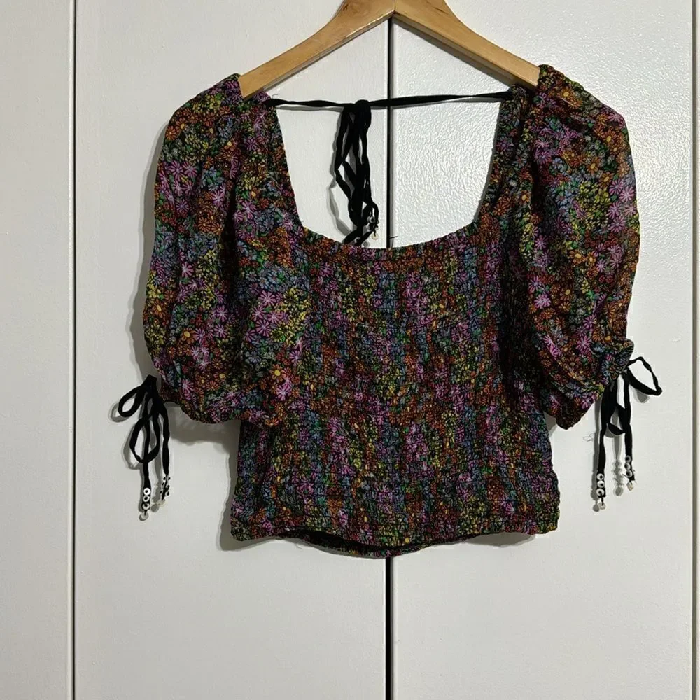 Free People Back On Crop Top Smocked Puff Sleeves Floral Printed XS